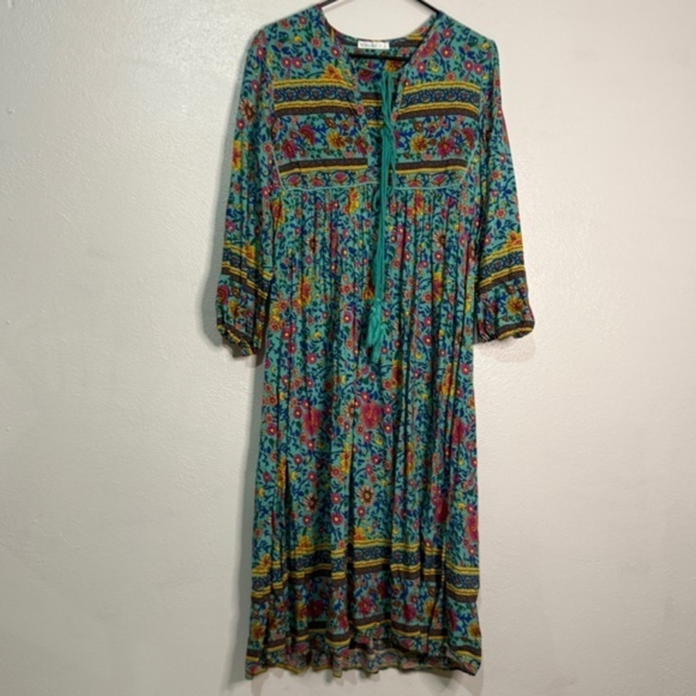 R. Vivimos Multicolored Floral Maxi Dress w/drawstring neckline. Sz  S, 4-6.